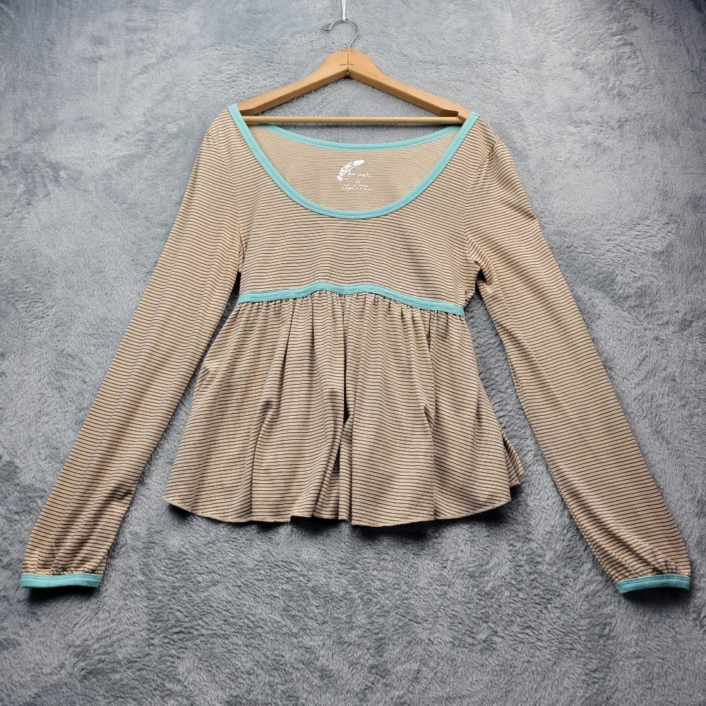 Free People Long-Sleeve Scoop Neck Top with Aqua Trim